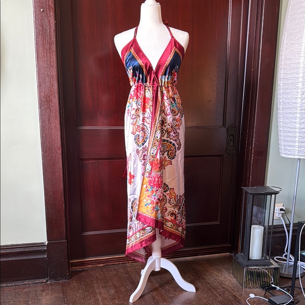 Silky Handkerchief Halter Maxi Dress